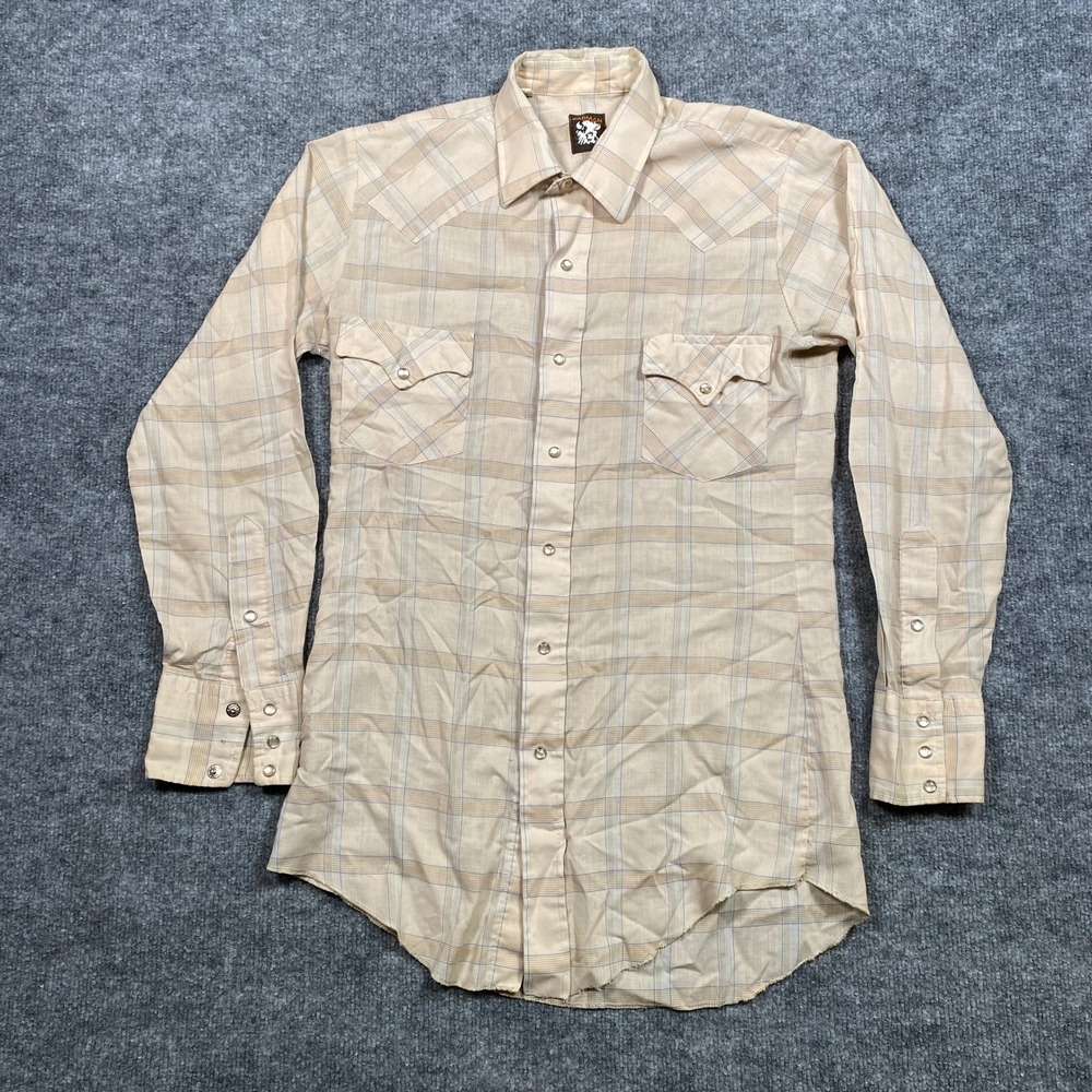 Vintage Karman Mens‎ Western Pearl Snap Shirt Tan Blue Plaid Long Sleeve L Large